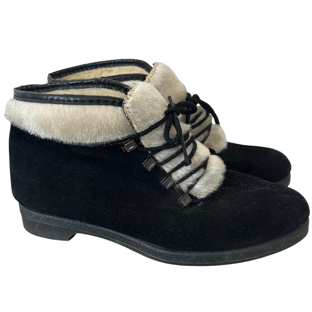 Vintage 70s Yodelers Aspen Black Suede Faux Fur Apres Ski Snow Ankle Boots 7